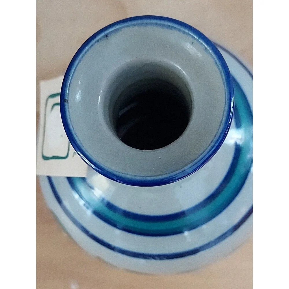 Vintage Peruvian Pottery Vase Ceramic Stoneware Green & Blue - Leaves 6.75
